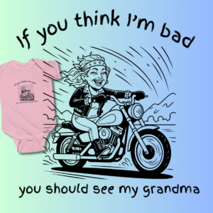 Close up of printed image, grandma riding a motorcycle