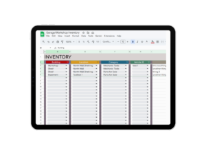 Garage and workshop inventory tracker spreadsheet open on a tablet, showing pre-built tool and parts categories — digital download for Google Sheets and Microsoft Excel