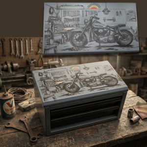 picture of engraved mini toolbox on a workbench